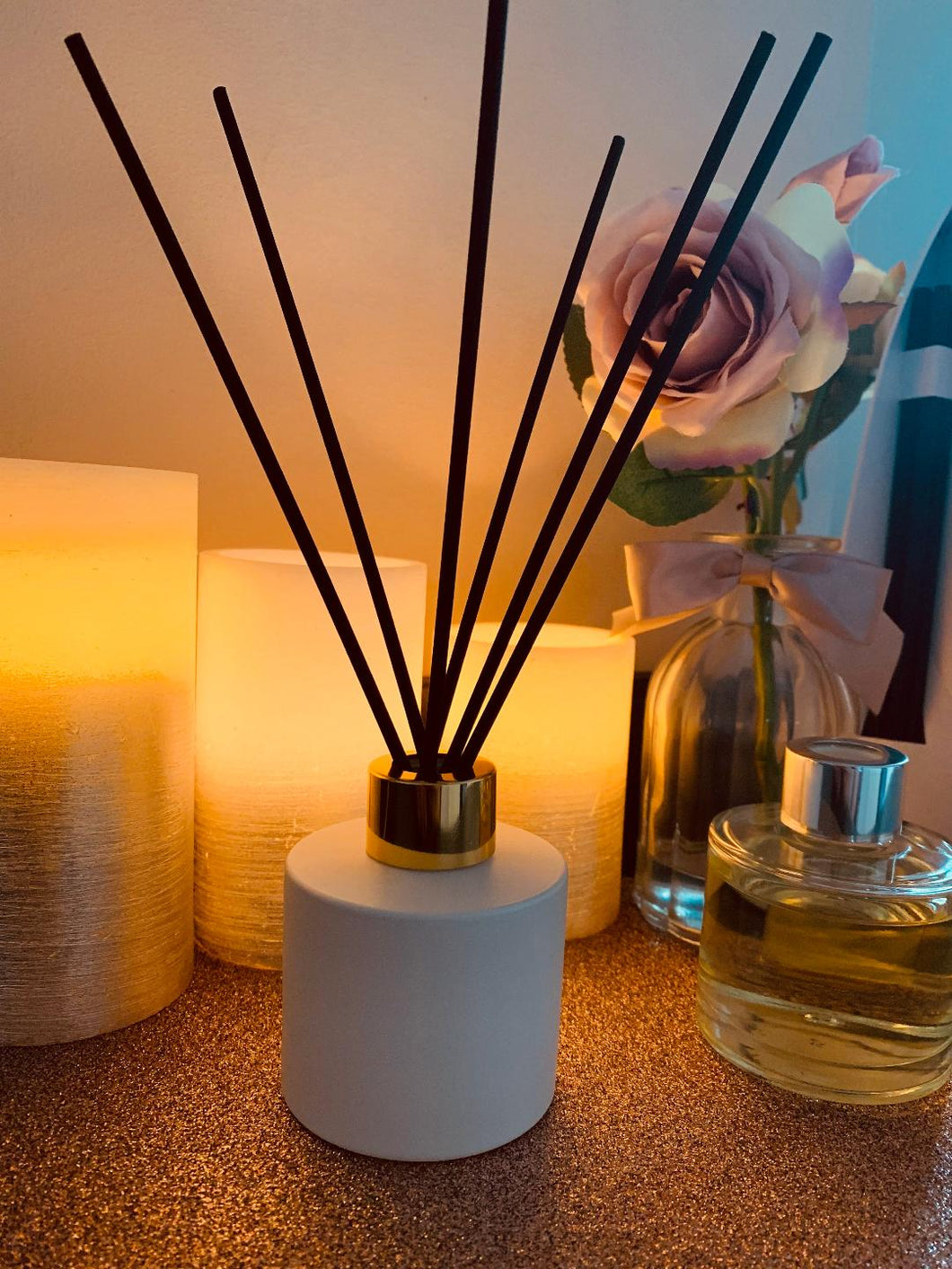 White Reed Diffuser 100ml with gold cap and black reeds - Select your scent