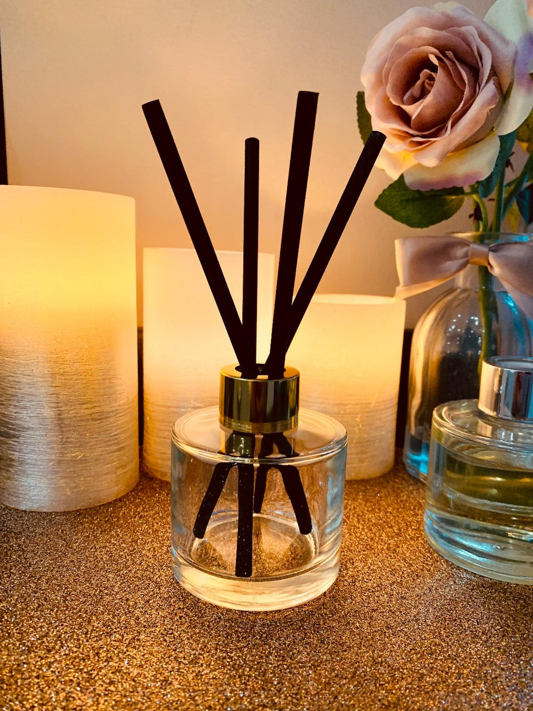 Reed Diffuser 100ml gold cap with black chunky reeds - Select your scent