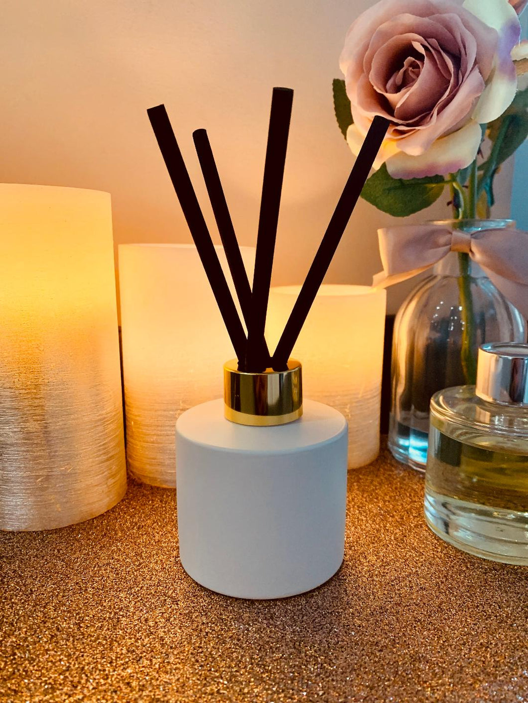White Reed Diffuser 100ml with gold cap and chunky reeds - Select your scent
